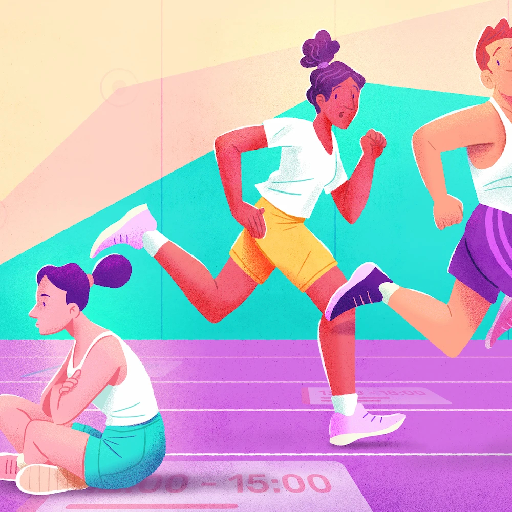 While several employees dressed in sportswear run to the right, a difficult employee sits on the floor and looks to the left.